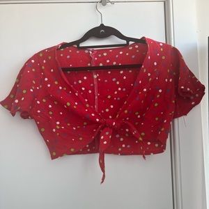 Cropped tie front top with polka dot details